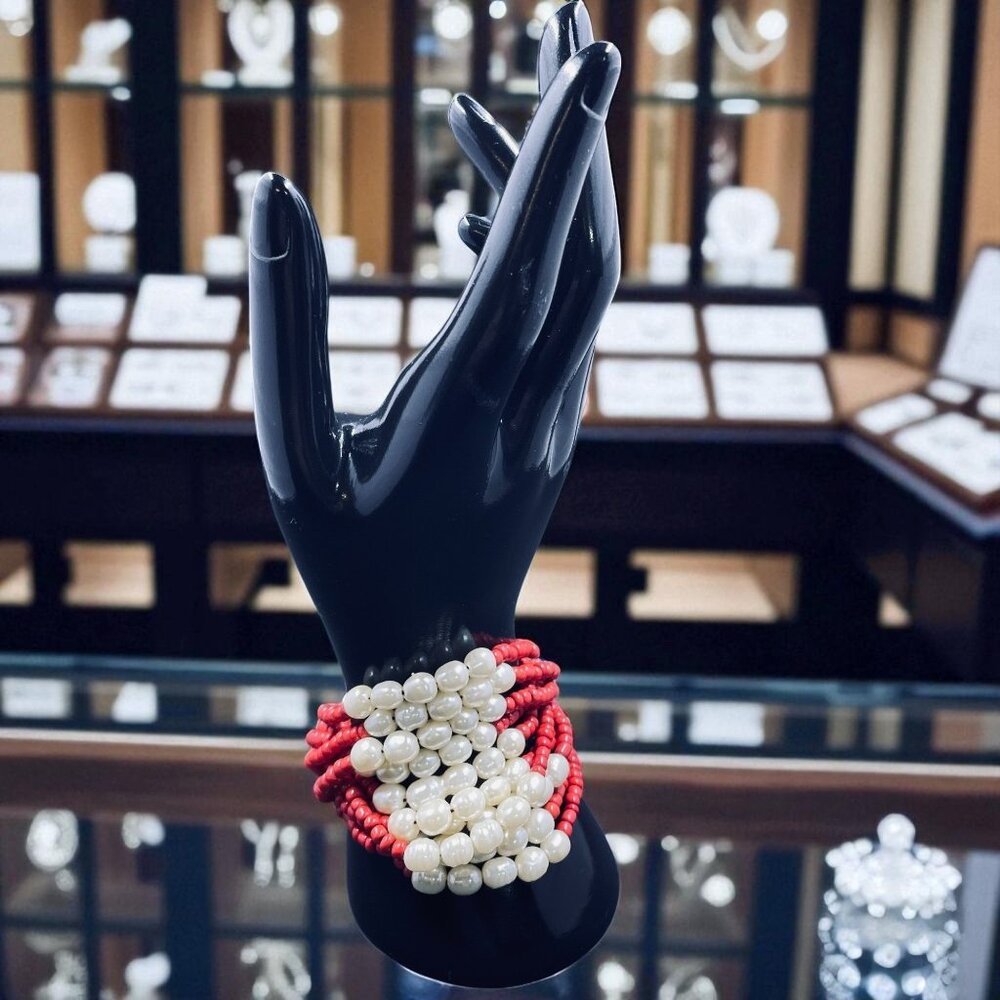 Chunky Pearl Beaded Bracelet Red White Statement‎ Stretch Boho Layered Y2K